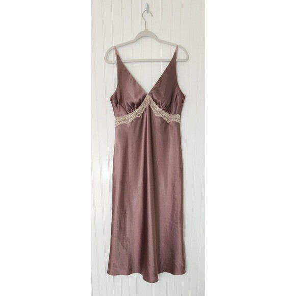 Sensara Satin Long Nightgown Brown  Lace Trim V Neck Plunge Womens Size L - Picture 2 of 9